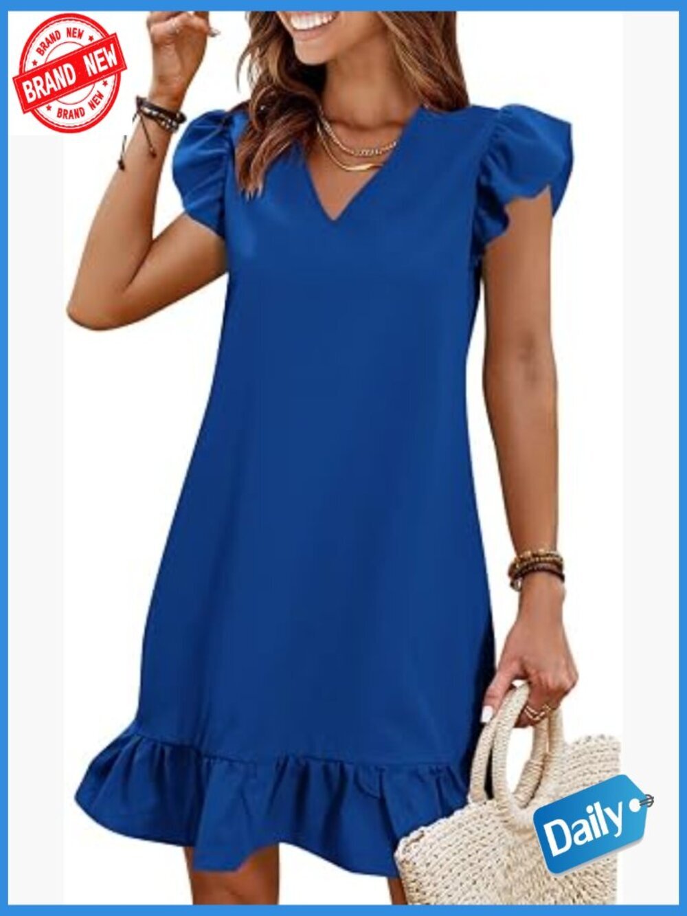 V Neck Cap Sleeve Ruffle Hem Smock Short Casual Beach Dress